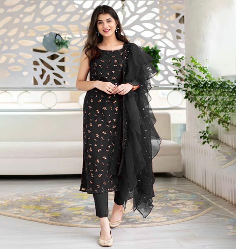 Women Black & Gold-Toned Embroidered Semi-Stitched Dress Material